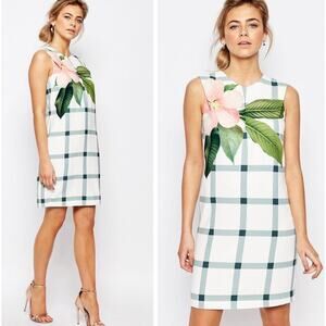 Ted Baker Size 4 US 10 Nayeli Secret Trellis Check Floral Ivory Shift Dress